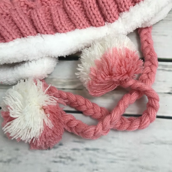 Gray, Pink & White Fleece Lined Beanie with Pom Poms - Picture 12 of 15
